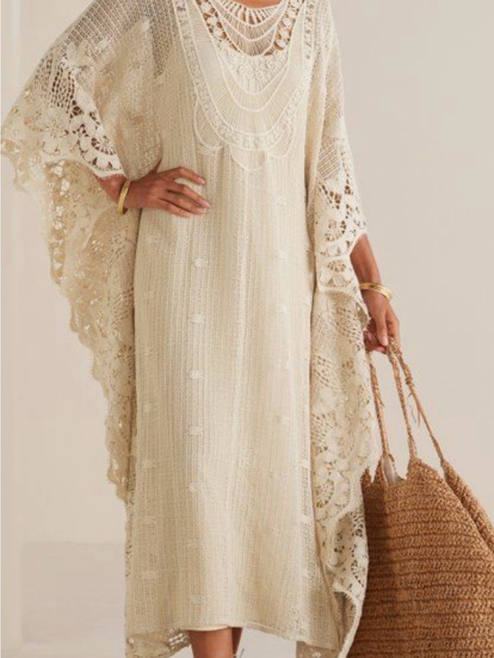 Soft Surroundings Cream Crochet & Lace Maxi Dress 100% Cotton Size S-M